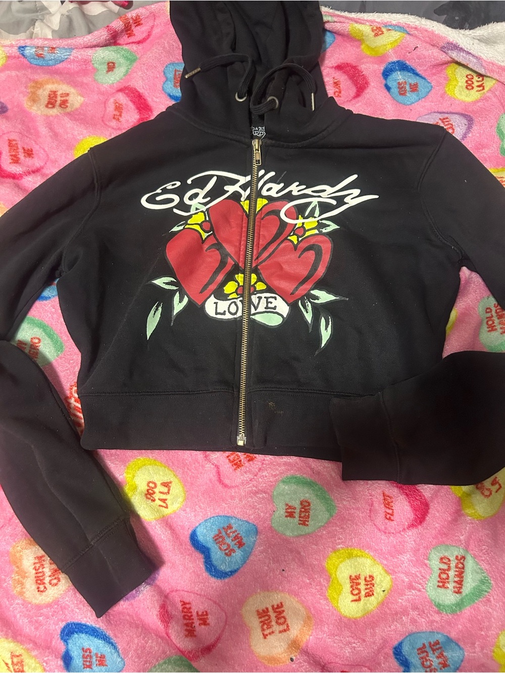 Ed Hardy Black Hoodie with Red Heart and White Logo